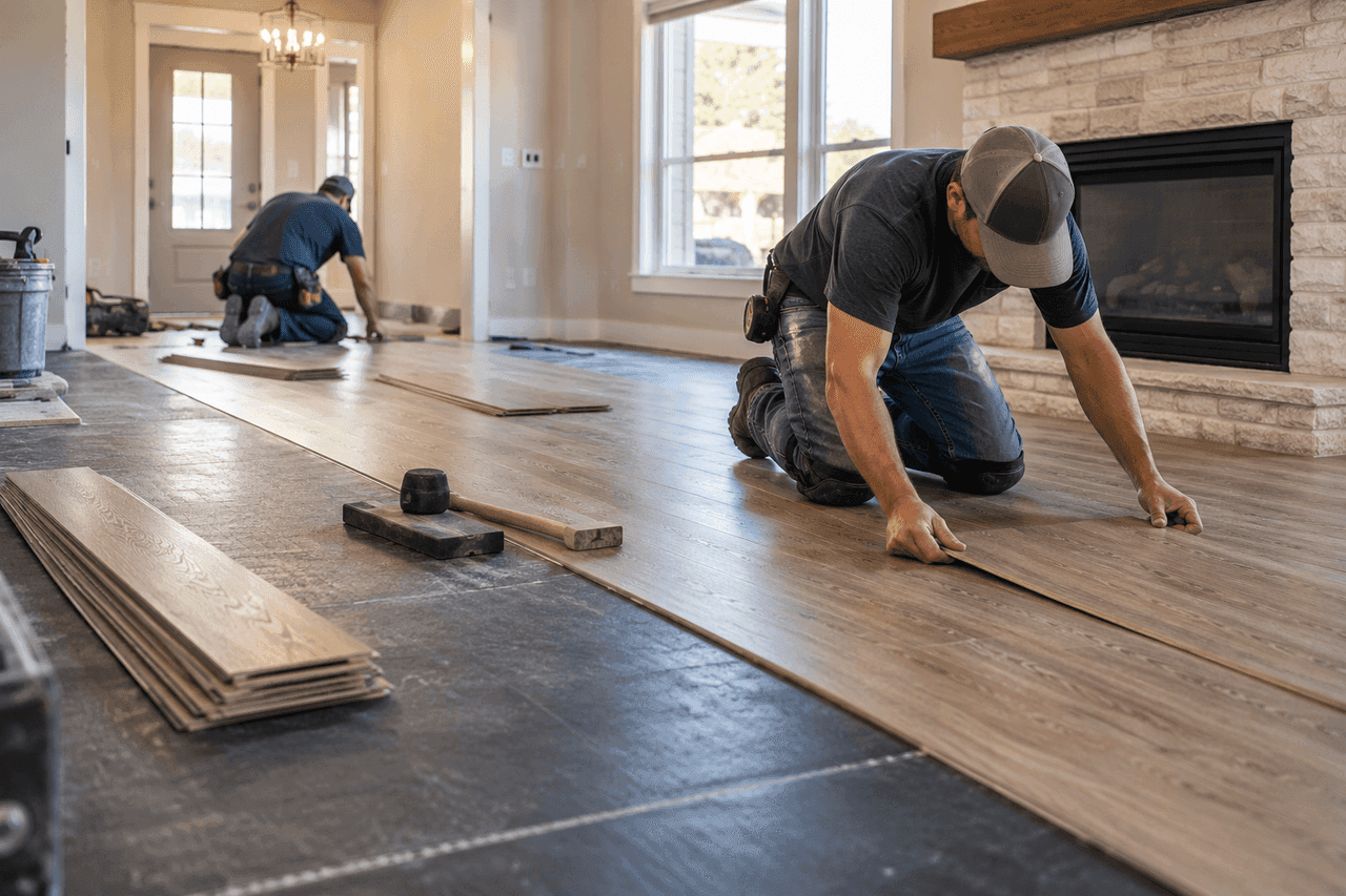 Somervell Floors installer using modern tools to lay tile flooring in a Granbury, TX kitchen